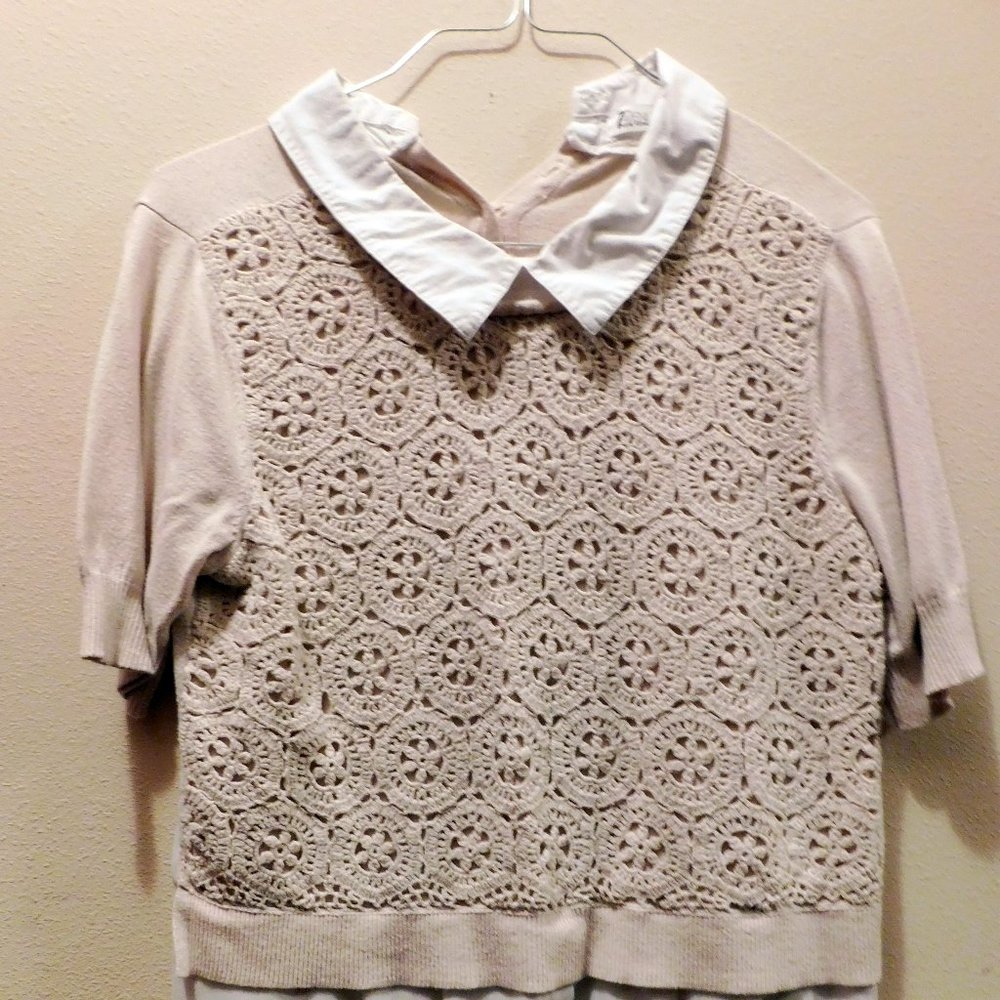 Beige and White Cropped-Layered Collared Sweater